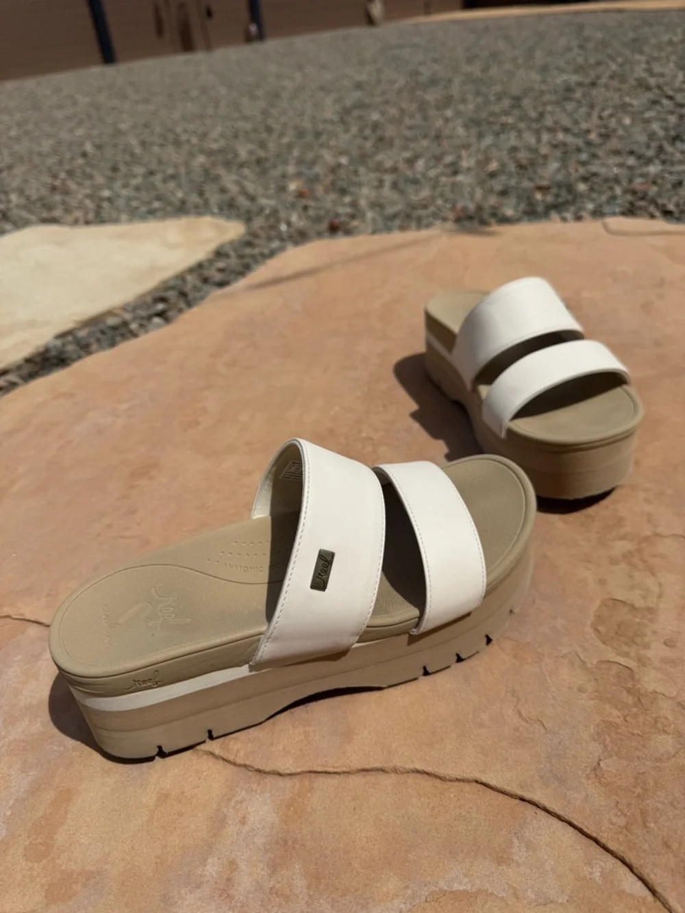 REEF cream white Double-Strap Platform Slide Mules with Tan Platform - Picture 3 of 6